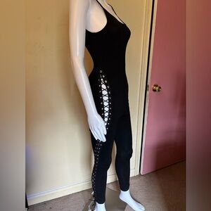 Black Stretch Jumpsuit with Lace-Up Detail